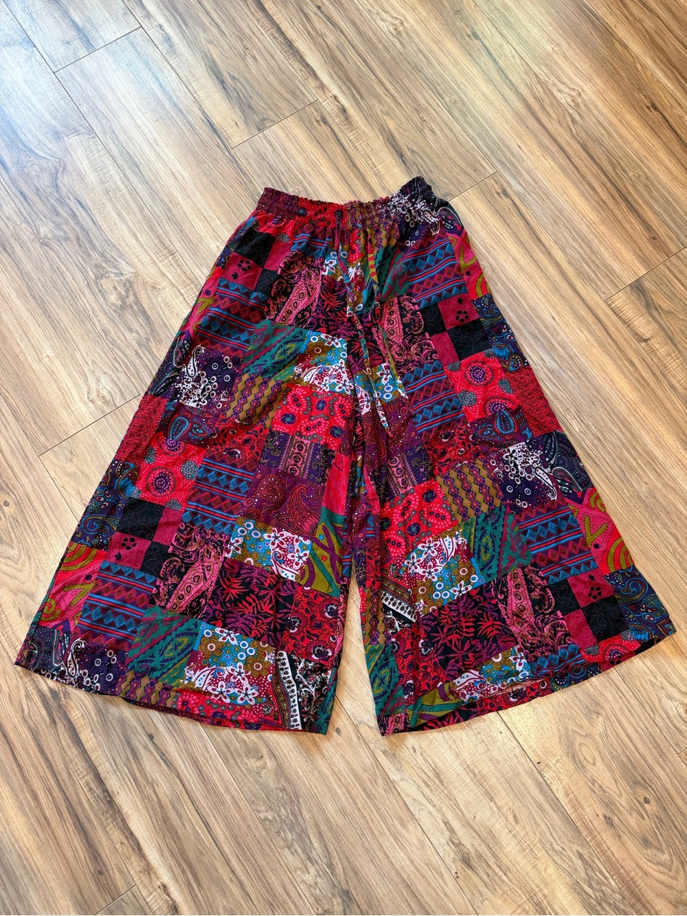 Boho Patchwork Wide Leg Pants in Vibrant Red